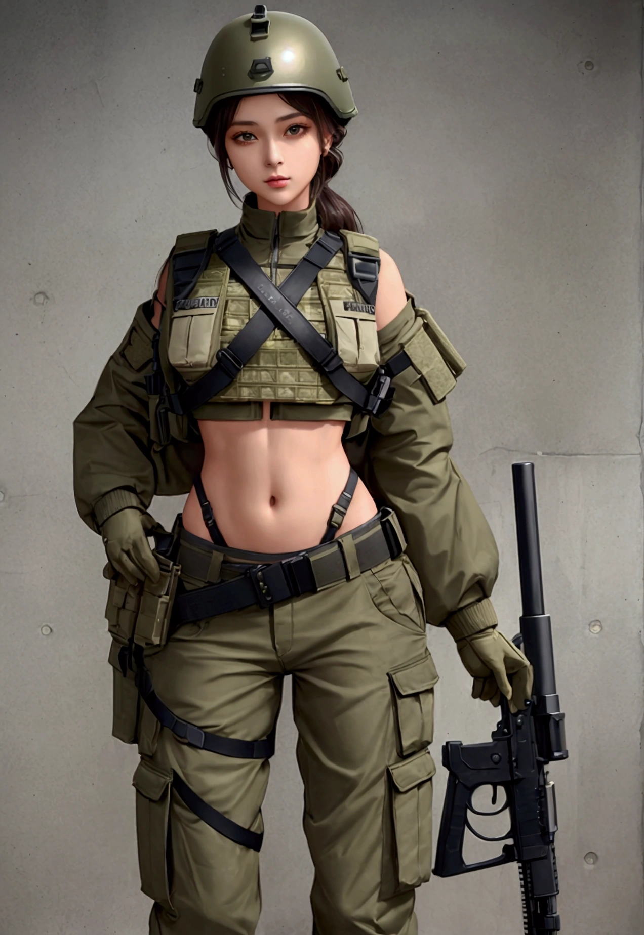 Women in crop top military bulletproof vest , military green cargo pants, belt, military helmet, tactical, (open navel), 