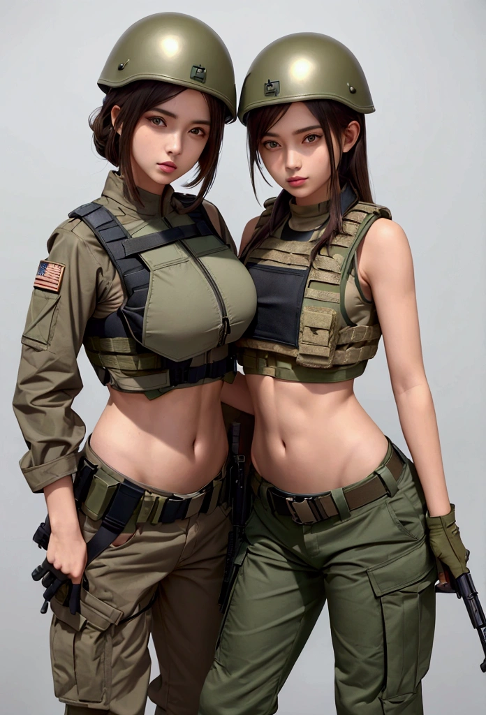 Women in crop top military bulletproof vest , military green cargo pants, belt, military helmet, tactical, (open navel), 