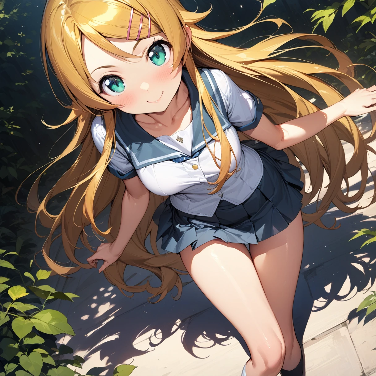 (masterpiece),(Highest quality),(Very detailed),(Best illustrations),(Best Shadow),(Natural background),(so beautiful), kirino kousaka, Blonde, Long Hair, Hair Clip, Green Eyes, bangs, Schoolgirl uniform,Captivating smile,whole body,Showing off,White panties,Short skirt、Detailed panties,Front Angle, M-shaped legs