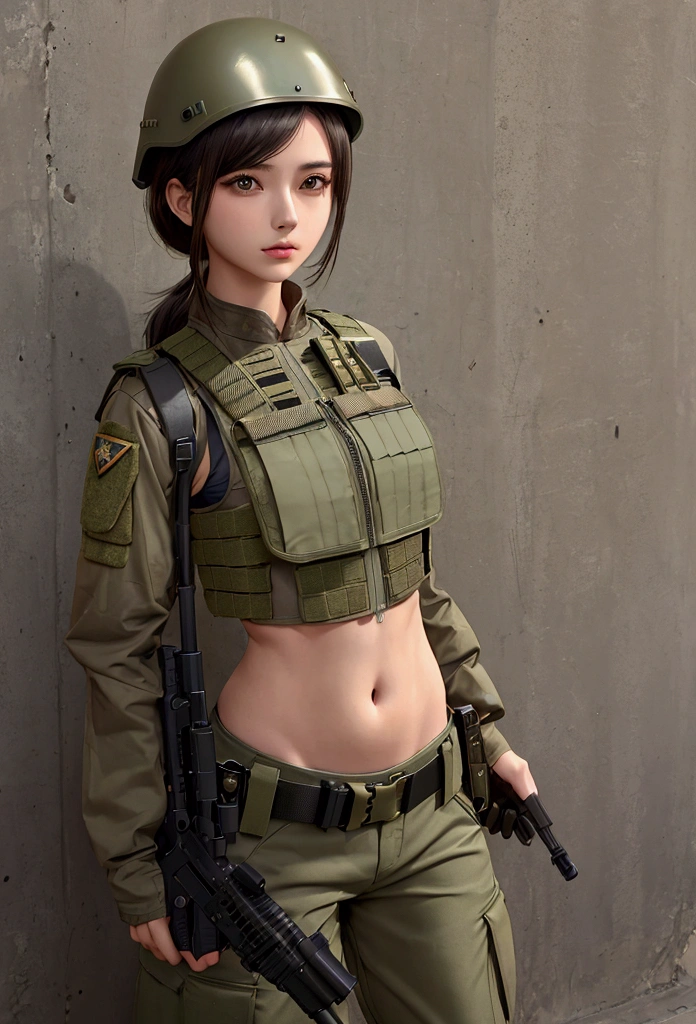 girl in crop top military bulletproof vest , military green cargo pants, belt, military helmet, tactical, (open navel), 