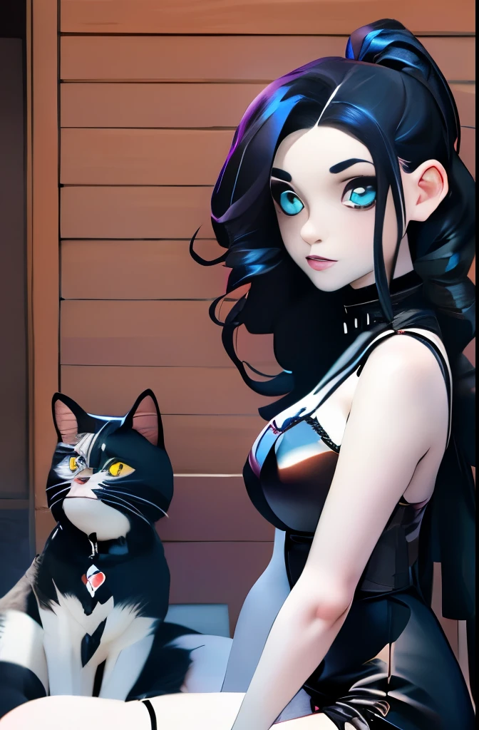 araffed woman sitting on a wooden deck with a dog, 1 7 - year - old goth girl, young beautiful amouranth, cruel korean goth girl, 1 7 - year - old anime goth girl, goth girl, anime girl in real life, amouranth, goth girl aesthetic, pale goth beauty, attractive cat girl, portrait of a goth catgirl