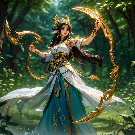 world tree、ethnic group、cute girl、long hair、fairy ears、big breasts、thin waist、wearing a leaf-style skirt、bow and arrow in hand