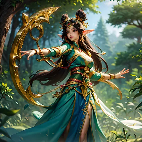 world tree、ethnic group、cute girl、long hair、fairy ears、big breasts、thin waist、wearing a leaf-style skirt、bow and arrow in hand