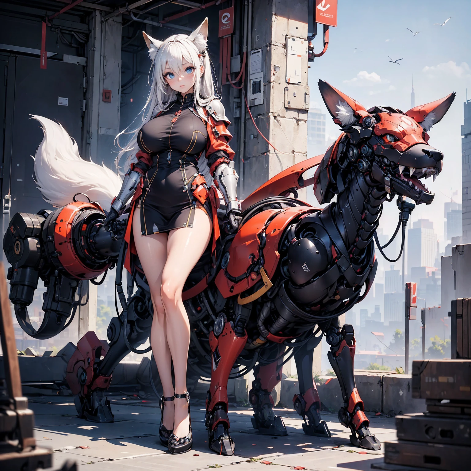 (Absurd Resolution:1.2), (ultra delicate:1.2), (masterpiece:1.2), (Photorealistic), (top-quality), BREAK (A heavily armored fox robot girl, she is undergoing maintenance and is connected to multiple cables), super fine concept art, intricate details, BREAK (cute 1girl), (finely detailed eyes and finely detailed face:1.2), BREAK (ultra fine-blue-cute-eyes:1.3), (Expression ultra detailed glowing Pupil), (ultra detailed Expression eyelashes), (ultra delicate Long Straight Hair white hair, hairs between eyes), (beautiful Glossy lips), BREAK (slim body and gigantic breasts:1.3), narrow waist, leggy, curvy is body without muscles, (Shiny realistic pale skin texture:1.2), BREAK precise anatomy, (4 defined fingers), (1 defined t thumb), breathtaking expression, BREAK (intricate-Mechanical-Armor-dress, bare-Thighs:1.2), glowing energy Core, BREAK Seductive pose, (Crisp focus, eye focus:1.2), (full body shot, shoot from front, high angle shot), BREAK cinematic composition, vibrant colors, She is surrounded by complex robotic arms and monitors, Large weapons under maintenance are lined up,