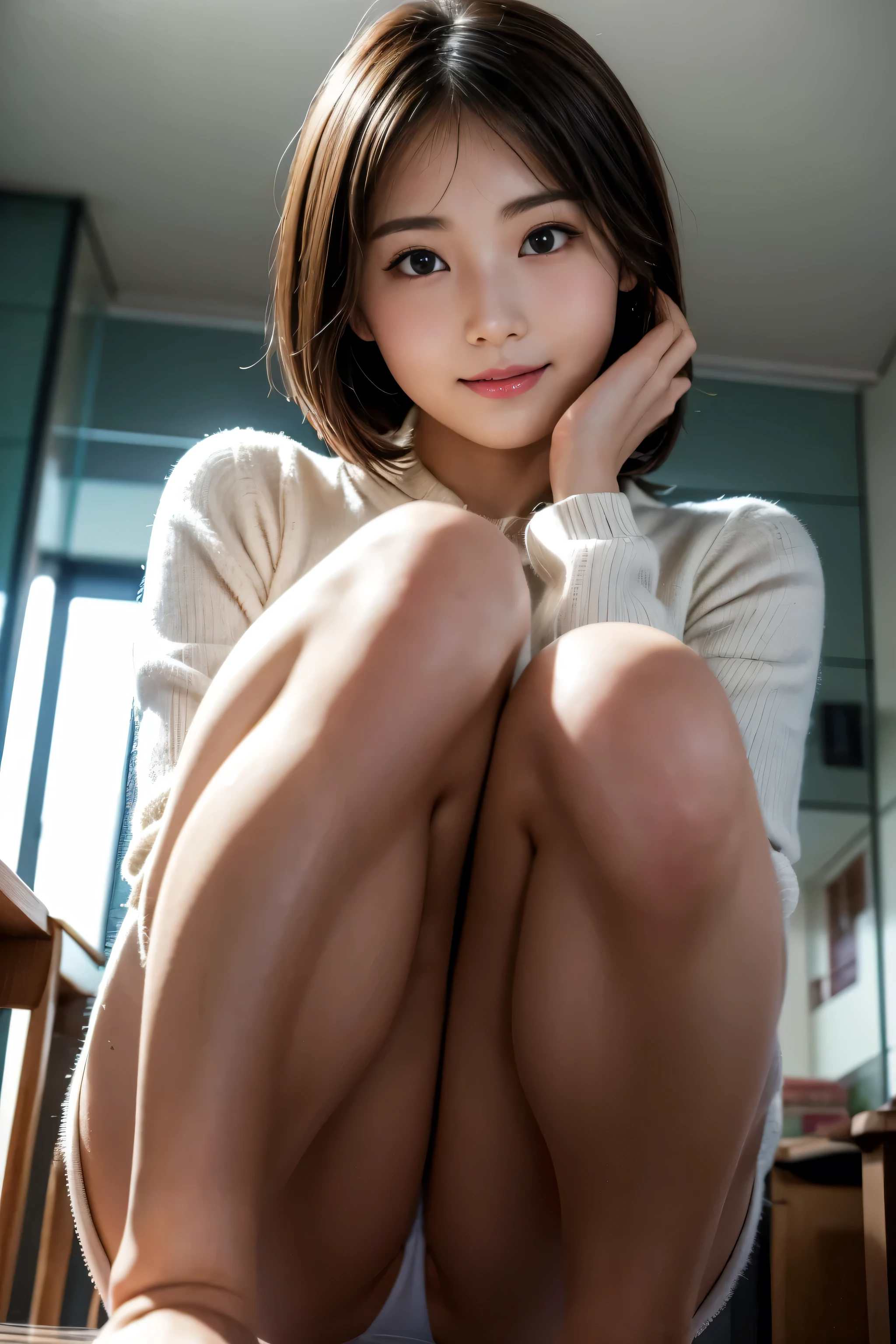 loafers、smile、Bright classroom、(((alone))),(((1 girl))),  beautiful, shape, Highly detailed skin, masterpiece, Highest quality, Highly detailed face, Vibrant colors, Written boundary depth, Cinema Lighting,, One Girl, alone, short hair,skirt,blush, White shirt, masterpiece Highest quality 高解像度、Anna Tanaka ,  Sit with your knees bent、eight-headed body、beautiful足 、On campus、As if looking up from below、((Embarrassing,blush)),Browsing Caution,White panties,(((White panties)))
