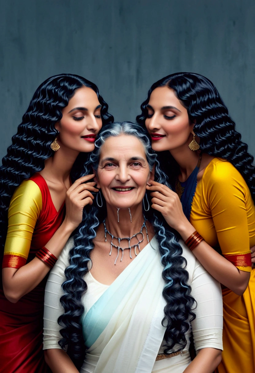 Indian mature 2 ladies with their 3c curly hairs licking her their grandmother' 3c curly hair with their tongis out exactly as per the imahe prompt,Their hairs also strickty exact as per the image prompt,Generate with strictly following and using exact detailing in image prompt