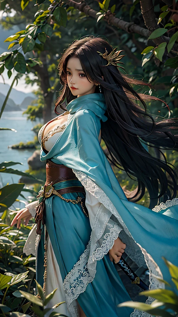 On the coast of the mountain,beautiful dragon girl,long hair shawl,Large Breasts,Wearing fairy clothes and long sword
