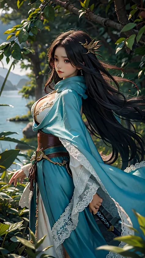 on the coast of the mountain,beautiful dragon girl,long hair shawl,large breasts,wearing fairy clothes and long sword