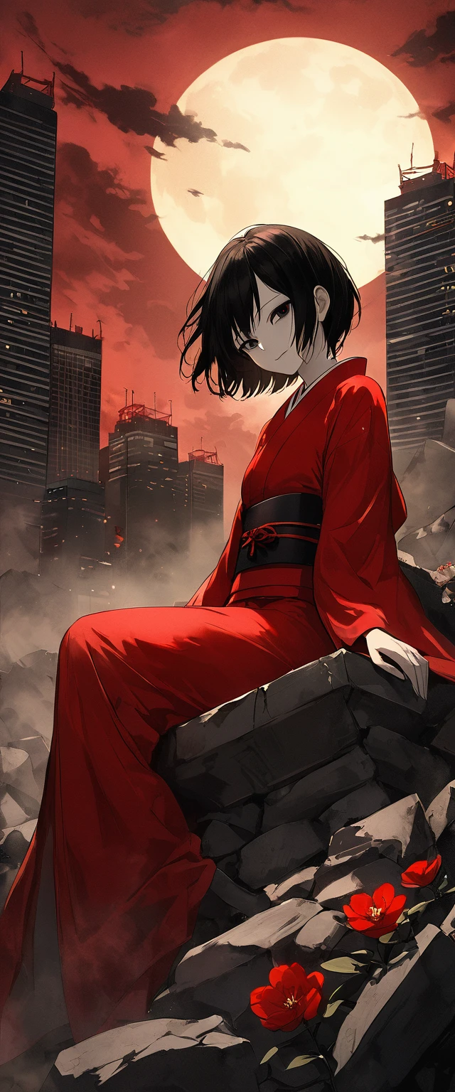 Red silk kimono。A beautiful woman in the mist,sitting on rubble。Black belt。Bad Smile。Black Short Hair,black eye。Dead skin。alone。darkness。Spooky atmosphere。Japan。night。full moon。Red Sky。Red flower。,Chiaroscuro,Skyscraper buildings。