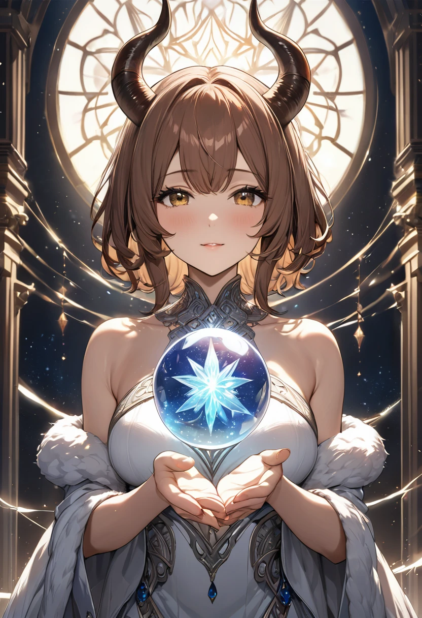 Highest quality, masterpiece, Ultra-high resolution,  Intricate details, Fantasy、One Woman、Ideal body shape、Chestnut hair、Medium Hair、Large Merino horn、(Gathering light in the palm of my hand in front of my chest)、holding a magic orb、Lines of particles、