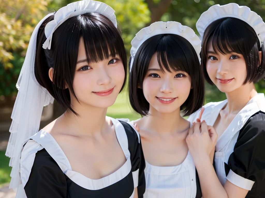 (((Perfect Clone girls Photography Art))), (((16K, Highest quality, Ultra-high resolution, Realistic, Super real))), ((((((((((Maid clothes)))))))))), (((((Japanese, Women, 18-year-old, Small face))))), ((((((((Thick black hair, short hair)))))))), ((Cute expression, A gentle gaze)), ((((((((smile)))))))), (((Big Breasts, J-Cup))), (((Cleavage Emphasis))), (((((Very detailed, 1girl, cloning))))), (((((6+girls))))), (((((Very detailed, Perfect same person, 10,000 people))))), Western-style garden, A beautiful sight of blooming flowers, Under the blue sky, wide view, Perspective