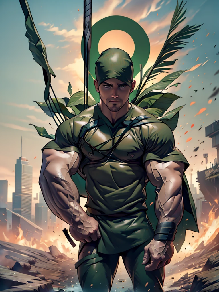 32k, high quality , detailed face , detailed fingers ,detailed muscles  ((((stephen amell)))) as green arrow looking at the viewer, wearing blackish green outfit   , showing a dark blond short hair , a thick facial hair , a bulge ,hunk and handsome, aiming with his bow and arrow toward the ennemy , with the quiver on his back full of arrows , background a lush forest, 