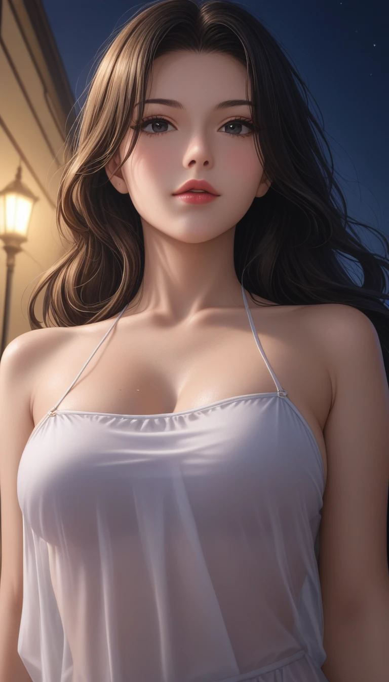 score_9, score_8_superior, score_7_superior, High-resolution CG illustration,A masterpiece in 32K resolution,Highest quality,it is really amazing,Very detailed,Ultra-high resolution,Ultra-realistic,Realistic,Increased depth of field,Cinematic lighting,
A sexy and elegant mature Japanese woman,
Glossy black hair,Wavy long hair,Showing his forehead,god々Beautiful,Ultra-detailed and beautiful face,Sensual look,Beautiful dark brown, moist eyes,Pitch black eyes,Glowing, moisturized skin,Translucent white skin,born々New skin texture,Great proportions,
(A long, white draped dress in the style of an ancient Greek chiton:1.05),
Simple design,コットンborn地の柔らかな質感,Beautiful flowing drape,
A dark and blurry night background,Dark overcast sky on a dull night,Dark clouds filling the sky,Thundercloud,Coastline at night,Golden reflections on the sea surface,delay々A desolate sandy beach that continues,
Low - Angle,