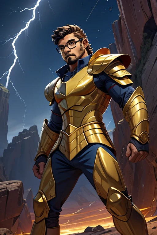 serious man with glasses,a gold leo armor in front of a landscape, action pose with lightning bolts in his fists,daniel mirante, ethan klein, taken in the early 2020s, full body profile picture, very slightly serious , david rios ferreira, slightly serious markiplier, avatar image, large eyes and menacing , professional picture, christian orrillo, serious and looking directly, ben mauro