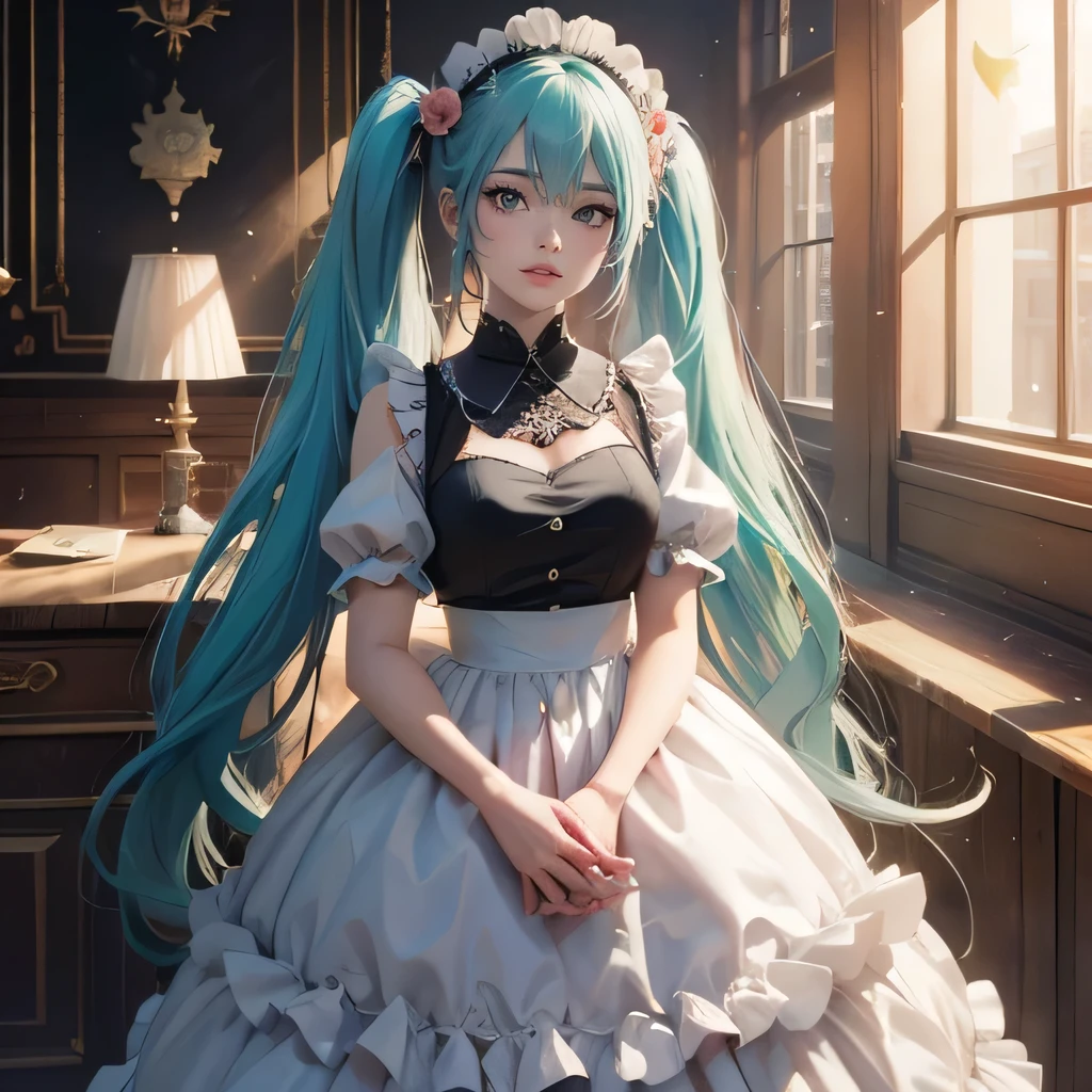 hatsune miku, long hair, aqua hair, twintails, Cat's ears, animal ears, long hair e esvoaçante, floating hair, ornament hair, perfectly body, perfectly hands, dark pink rose in the hair, housekeeper, housekeeper dress, housekeeper headdress, housekeeper apron, white apron, in street, petals in the air, peach blossom, centered girl, housekeeper dress, black gown, more details about your clothes, Dress transparently, gold accents, Day Light, smiling, cape, ((4K, work of art, Maximum quality)),8k, best qualityer, high resolution, High definition, (illustration:0.8), super cute girl, delicate and beautiful face, 1 girl, standing alone,  Madura, super cute hairstyle, (beautiful detailed eyes:1.6), extreme detailed face, perfect lighting, extremely detailed CG, (perfect hands, Perfect Anatomia), best qualityer, neckleace, small skirt, whole body,