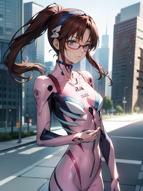 marimakinami, mari makinami, blue eyes, brown hair, glasses, head band, twin tails,
break bodysuit, pink bodysuit, plug suit,
br...