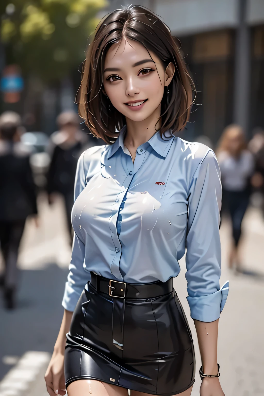 ((Highest quality, 8k, masterpiece: 1.3)), sharp: 1.2, Perfect Body Beauty: 1.4, １female, Beautiful middle age, Highly detailed face and skin texture, Detailed eyes, double eyelid, eyelash,  (Beautiful Teeth), grin, (Big Breasts), (Wet Blue Button Long Shirt: 1.1),Tight mini skirt, (rain, street: 1.2), Wet: 1.5, Looking into the camera, ((Cowboy Shot))