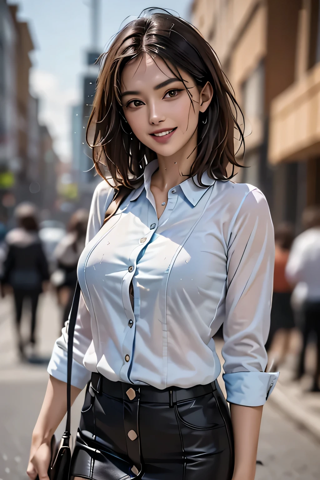 ((Highest quality, 8k, masterpiece: 1.3)), sharp: 1.2, Perfect Body Beauty: 1.4, １female, Beautiful middle age, Highly detailed face and skin texture, Detailed eyes, double eyelid, eyelash,  (Beautiful Teeth), grin, (Big Breasts), (Wet Blue Button Long Shirt: 1.1),Tight mini skirt, (rain, street: 1.2), Wet: 1.5, Looking into the camera, ((Cowboy Shot))