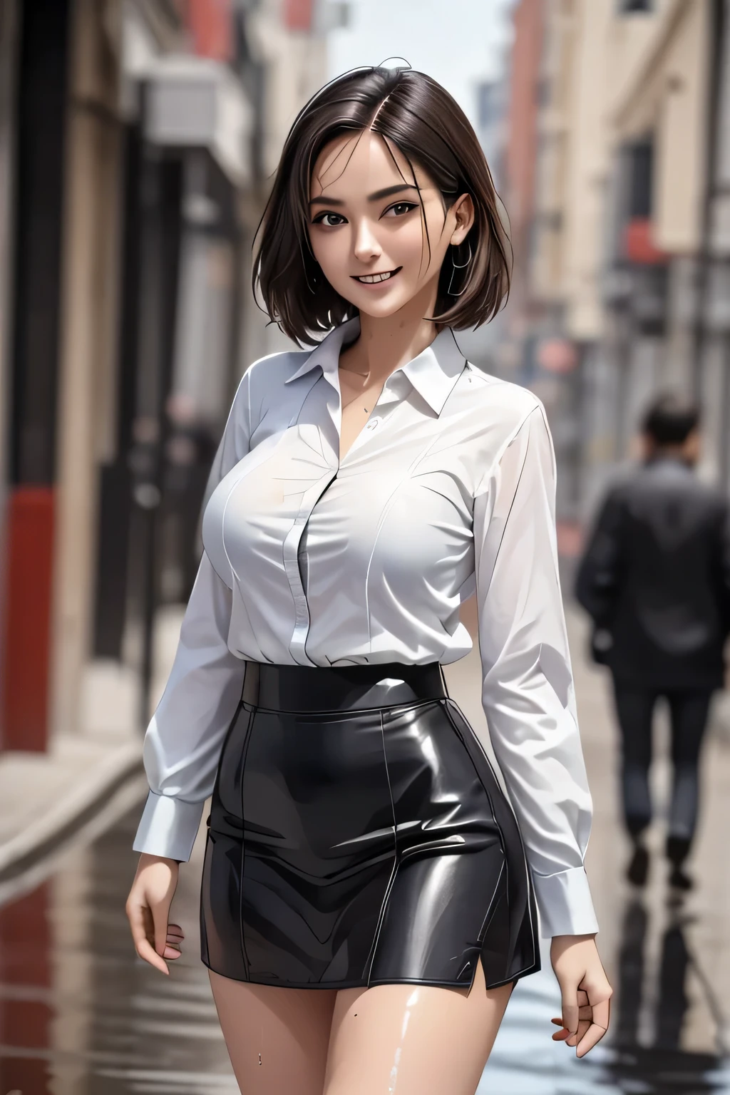 ((Highest quality, 8k, masterpiece: 1.3)), sharp: 1.2, Perfect Body Beauty: 1.4, １female, Beautiful middle age, Highly detailed face and skin texture, Detailed eyes, double eyelid, eyelash,  (Beautiful Teeth), grin, (Big Breasts), (Wet Blue Button Long Shirt: 1.1),Tight mini skirt, (rain, street: 1.2), Wet: 1.5, Looking into the camera, ((Cowboy Shot))