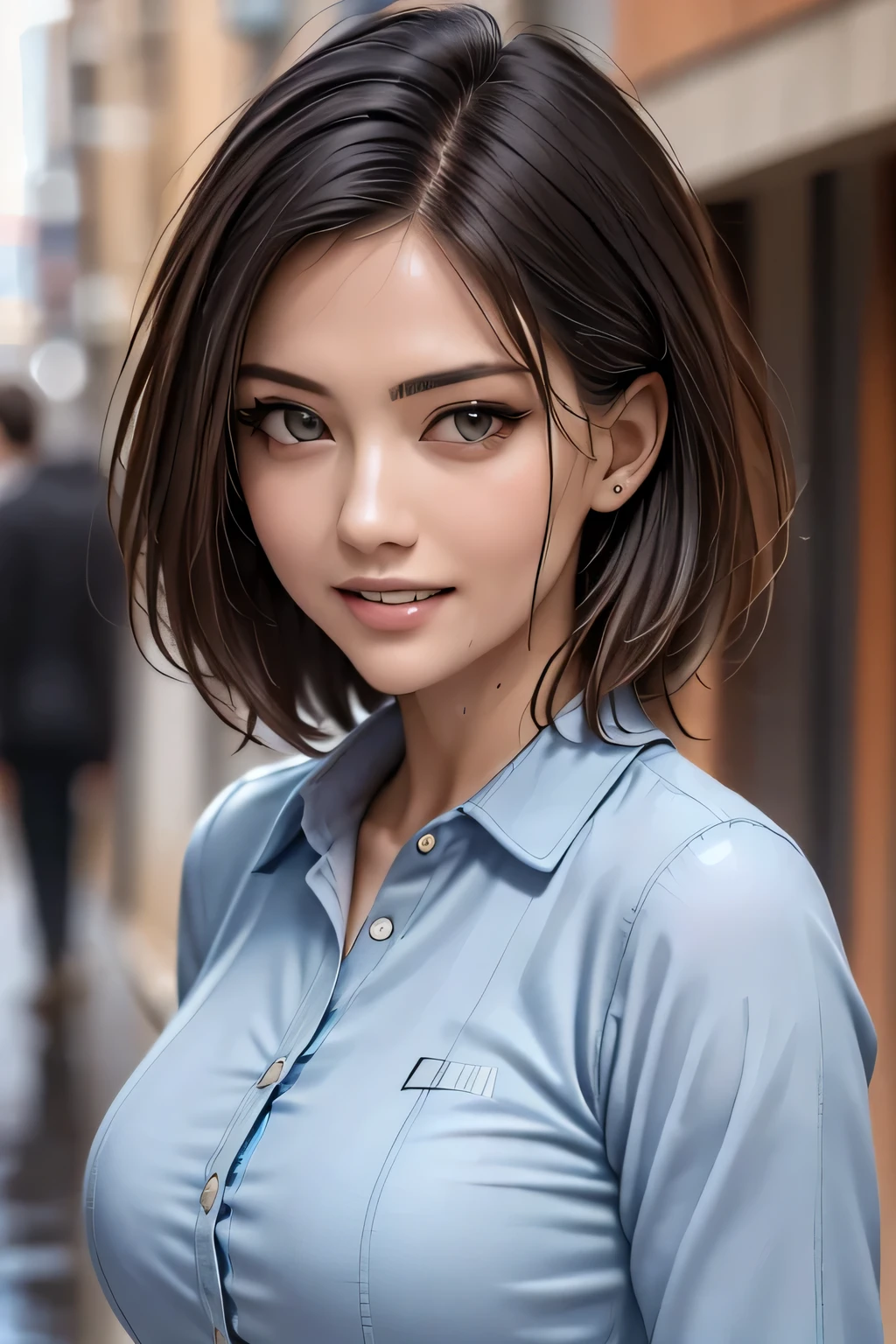 ((Highest quality, 8k, masterpiece: 1.3)), sharp: 1.2, Perfect Body Beauty: 1.4, １female, Beautiful middle age, Highly detailed face and skin texture, Detailed eyes, double eyelid, eyelash,  (Beautiful Teeth), grin, (Big Breasts), (Wet Blue Button Long Shirt: 1.1),Tight mini skirt, (rain, street: 1.2), Wet: 1.5, Looking into the camera, ((Cowboy Shot))