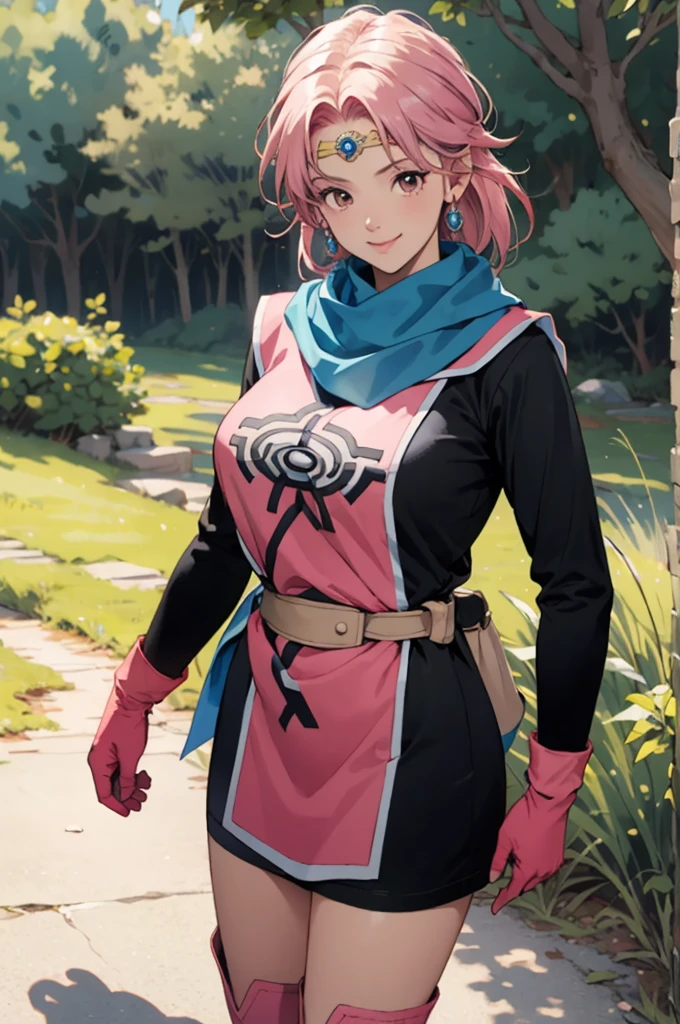 masterpiece,Highest quality,Perfect Face,Complex,Beautiful views,ultra Realistic 8k CG,Perfect artwork,One person,Dragon Quest: The Adventure of Dai,Dear,Large Breasts,Beautiful Eyes,Tight waist,Realistic,alone,Outdoor,forest,smile,
Primam,Medium Hair,Blue scarf,Circlet,Short dress,Pink Tabard,black sleeves,belt,gloves,boots,