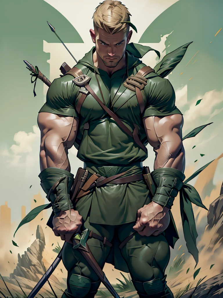 32k, high quality , detailed face , detailed fingers ,detailed muscles  stephen amell as green arrow , wearing dark green outfit   , showing a dark blond short hair , a thick facial hair , a bulge ,hunk and handsome, aiming with his bow and arrow toward the ennemy , with the quiver on his back full of arrows