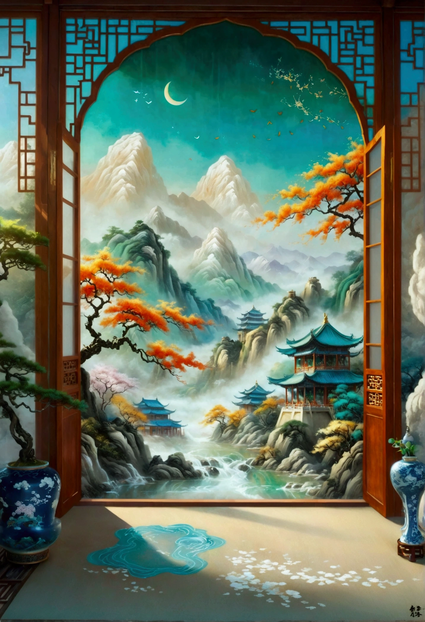 Chinese landscape painting, Jade material, Blue, greenand white color, gold line hook, white backgroundbright colors, natural lighting, best quality, Awardwinning work, blender, (8k，Bright colors，Bright，Ultra high saturation，rgb, Colorful)，(High contrast:1.5)，(whole body:1.8), magazine photography，Popular on social platforms，((Dopamineism))，(((Dopamine color matching)))，Dopamine，(in the style of Y2K)，Luo Erchun，Three-dimensional ancient style，Oriental poetry and painting