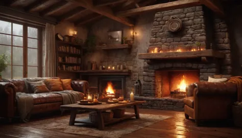 a rustic house with a fireplace and sofa, raining outside, steaming hot chocolate, detailed interior, photorealistic, cinematic ...