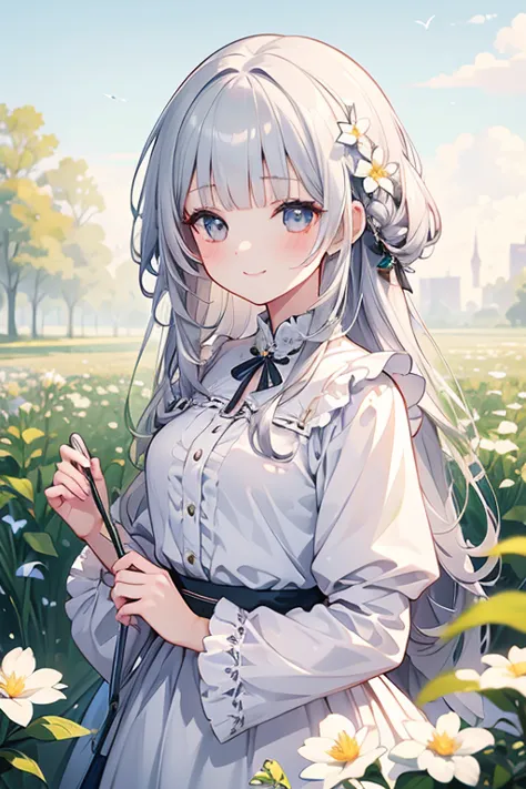 masterpiece, best quality, ultra-detailed, illustration, cute, girl, solo, silver hair, fairy, blunt bangs, blouse, smile, flowe...