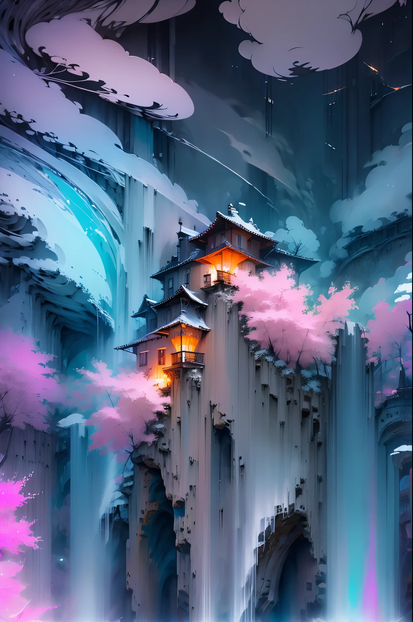 Dessinez un poster d'un village, dans le style lofi, décoration féérique, cascade de lumière, grotte, stalagmites, stalactites, champignon, cristaux, la nuit, belle palette de couleurs varié, couleurs saturées vibrantes, œuvre d'art, aucun humain, thème lumineux.