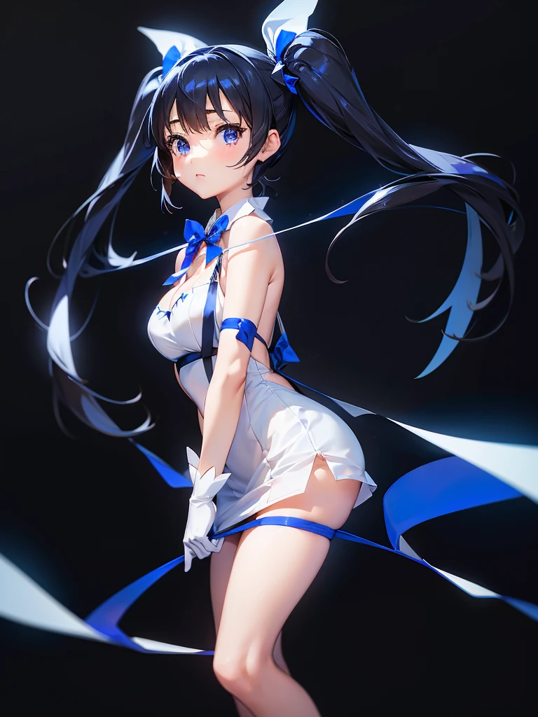 Black background with spotlight, Long eyelashes, Twin tails, Black Hair, Air decoration, white dress, blue bowtie, Cleavage cutout, Blue Ribbon, Arm ribbon, short dress, white gloves, barefoot, blue bow, blue bowtie, bow, bowtie, Cleavage, Cleavage cutout, Clothing cutouts, dress, gloves, pencil dress, (Rei no himo:1.5), short dress, white dress, white gloves, masterpiece:1.3),
