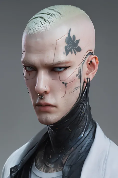 create an albino character, he has shaved hair, hair style like a eminem, , just his face, front view face, front view face, clo...