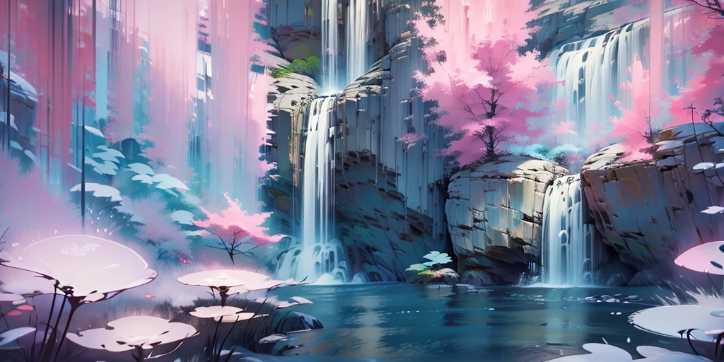 Dessinez un poster d'un village, dans le style lofi, décoration féérique, cascade de lumière, grotte, stalagmites, stalactites, champignon, cristaux, la nuit, belle palette de couleurs varié, couleurs saturées vibrantes, œuvre d'art, aucun humain, thème lumineux.