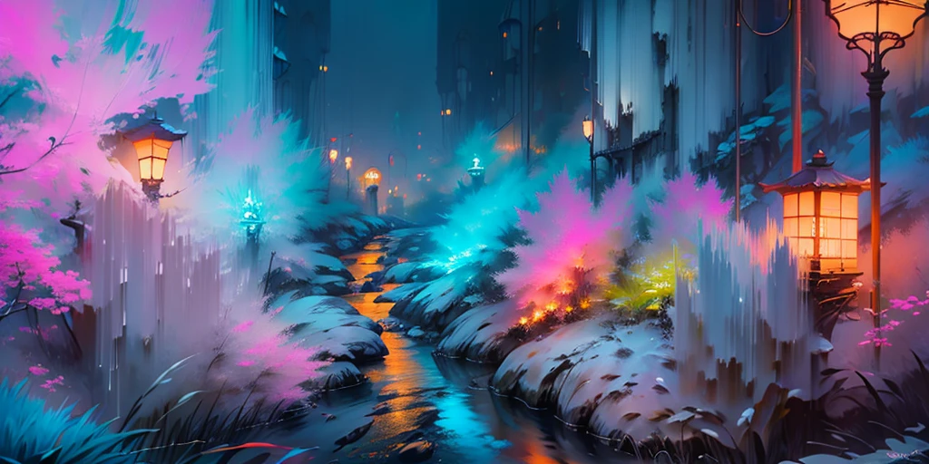 Dessinez un poster d'un village, dans le style lofi, décoration féérique, cascade de lumière, grotte, stalagmites, stalactites, champignon, cristaux, la nuit, belle palette de couleurs varié, couleurs saturées vibrantes, œuvre d'art, aucun humain, thème lumineux.