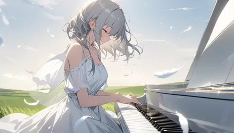 a girl playing a white translucent grand piano、gray hair、close your eyes、white dress、a refreshing grassland、white feathers are s...