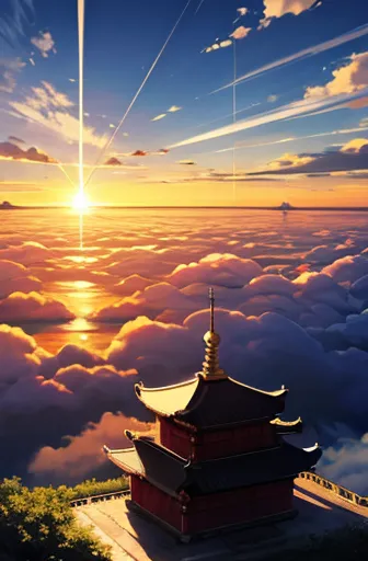 a temple that seems to float above a sea of ​​clouds, capturing the moment the sun rises