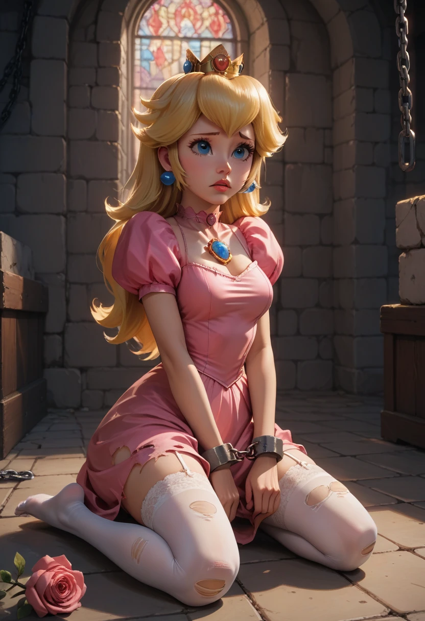 princess peach, kneeling on the ground, nose, sad, pink dress, torn dress, chained by the feet, chained by the hands, shackle around his neck, in a dungeon, inside a castle, sexy white panty, White thigh high stockings, garter belt in each stocking, hold the rose, hands on the floor, sideways. 