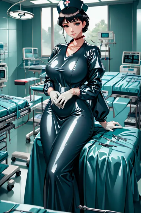 nurse uniform,hospital, latex nurse suit,nurses,busty,elbow gloves,labcoat,black hair woman,red eyes , gigantic ,medical instrum...