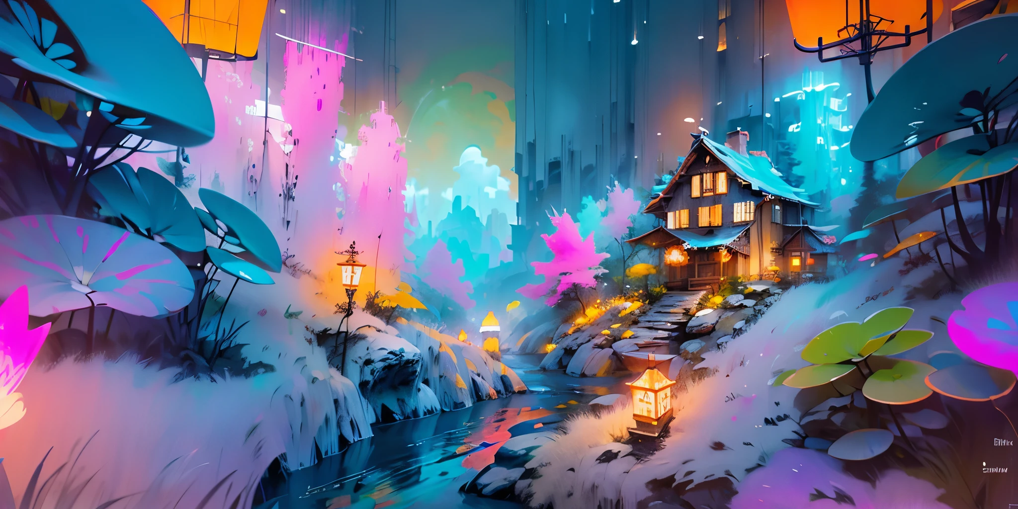 Dessinez un poster d'un village, dans le style lofi, décoration féérique, cascade de lumière, grotte, stalagmites, stalactites, champignon, cristaux, la nuit, belle palette de couleurs varié, couleurs saturées vibrantes, œuvre d'art, aucun humain, thème lumineux.