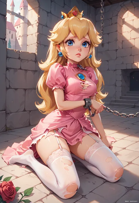 princess peach, kneeling on the ground, nose, sad, pink dress, torn dress, chained by the feet, chained by the hands, shackle ar...