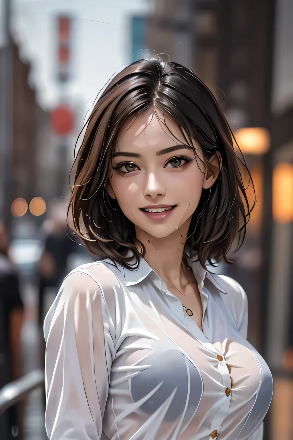 ((Highest quality, 8k, masterpiece: 1.3, Realistic)), sharp: 1.2, Perfect Body Beauty: 1.4, １woman, Beautiful middle age, Highly detailed face and skin texture, Detailed eyes, double eyelid, eyelash, (Beautiful Teeth), Grin, (Big Breasts), (Wet Button Long Shirt: 1.1),Tight mini skirt, (rain, street: 1.2), Wet: 1.5, Looking into the camera