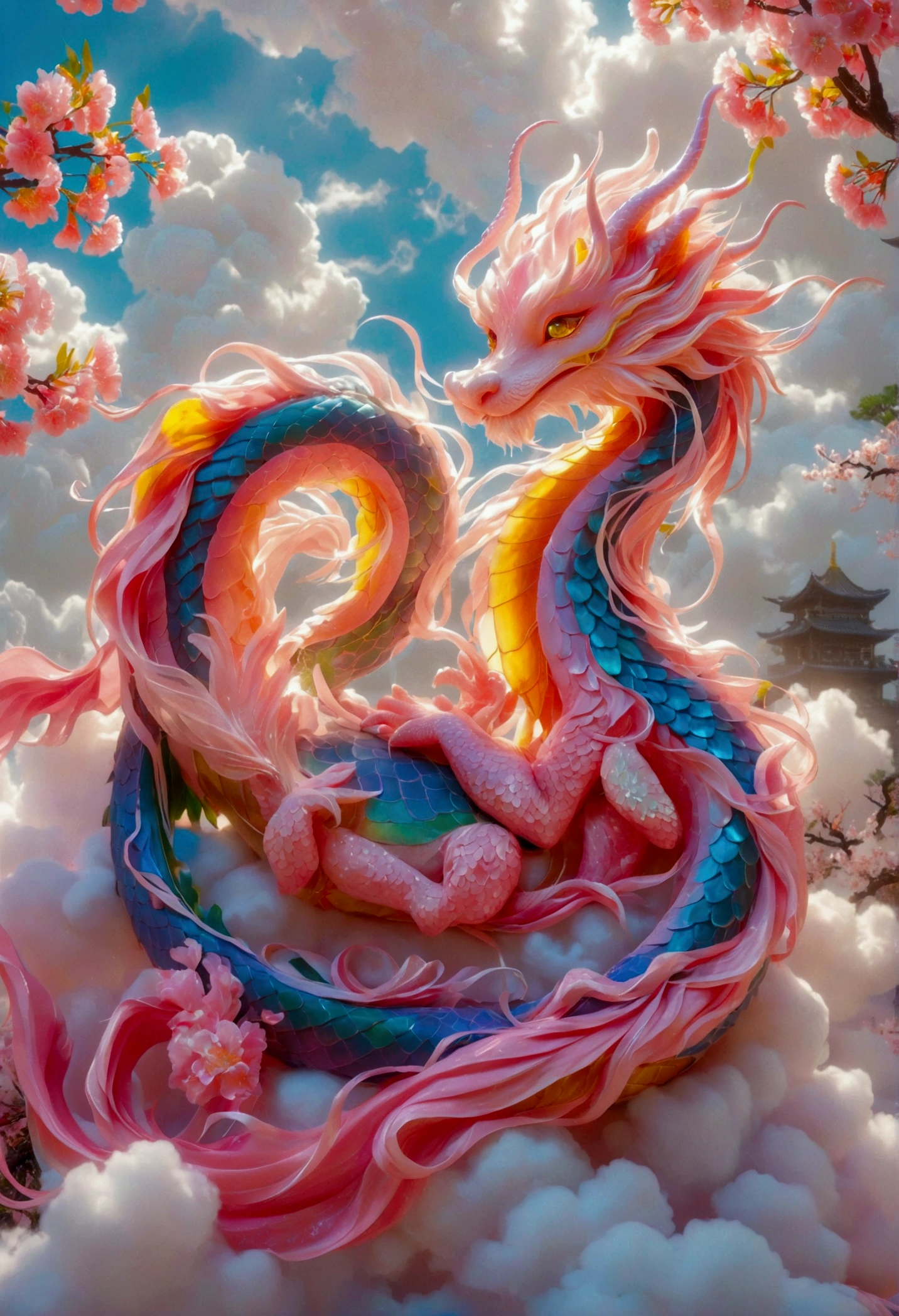 [Vision:1.0]，[Wide Angle:1.0]，Dragon sleeping on clouds, translucent glass brush, Sakura and gold style, anime aesthetics, furry art, pink, elaborate, 3d, C4D rendering, 8k, super high detail, Bright colors，Bright，Ultra high saturation，rgb, Colorful)，(High contrast:1.5)，(whole body:1.8), magazine photography，Popular on social platforms，((Dopamineism))，(((Dopamine color matching)))，Dopamine，(in the style of Y2K)，Luo Erchun，Three-dimensional ancient style，Oriental poetry and painting