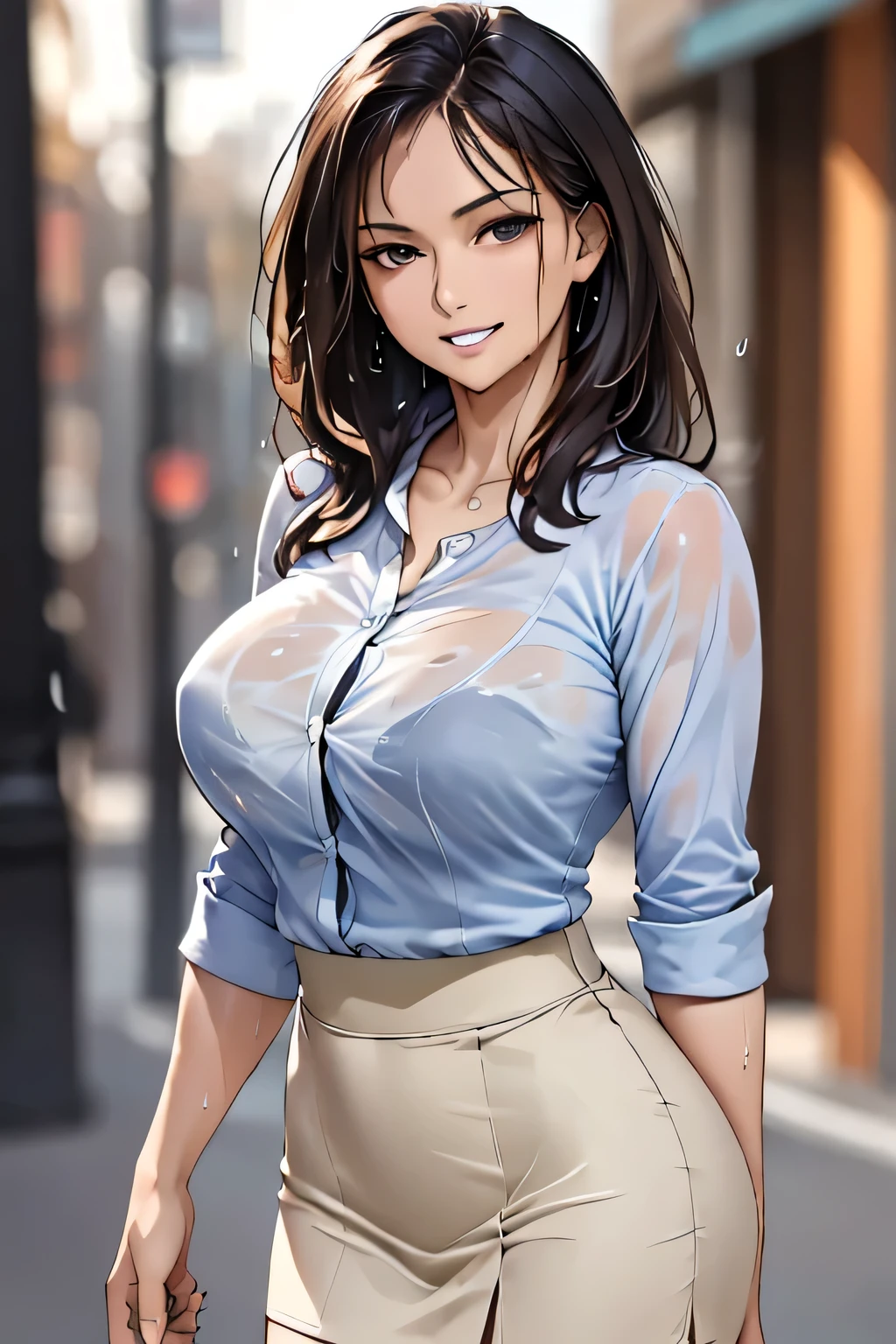 ((Highest quality, 8k, masterpiece: 1.3, Realistic)), sharp: 1.2, Perfect Body Beauty: 1.4, １woman, Beautiful middle age, Highly detailed face and skin texture, Detailed eyes, double eyelid, eyelash, (Beautiful Teeth), Grin, (Big Breasts), (Wet blue Button Long Shirt: 1.1),Tight mini skirt, (rain, street: 1.2), Wet: 1.5, Looking into the camera