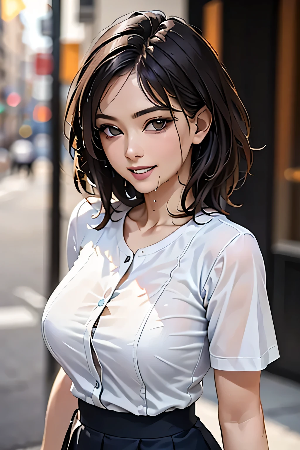 ((Highest quality, 8k, masterpiece: 1.3, Realistic)), sharp: 1.2, Perfect Body Beauty: 1.4, １woman, Beautiful middle age, Highly detailed face and skin texture, Detailed eyes, double eyelid, eyelash, (Beautiful Teeth), Grin, (Big Breasts), (Wet blue Button Long Shirt: 1.1),Tight mini skirt, (rain, street: 1.2), Wet: 1.5, Looking into the camera