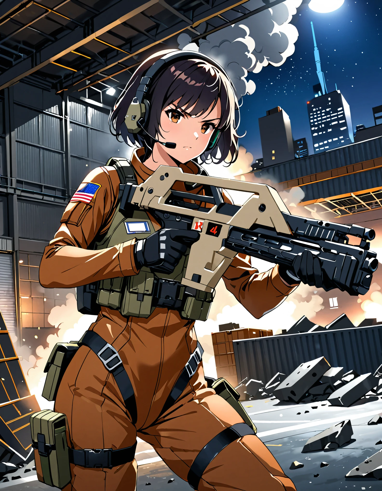 1girl, solo, short hair, black hair, brown eyes, skintight, astronaut, black leatord, tactical gear, gloves, headset, sweat, serious expression, holding gun, m41apls, aiming, trigger discipline, dutch angle, indoors, warehouse, dark, night, debris, backlighting, new york backdrop, smoke, best quality, masterpiece, alien creature behind her.