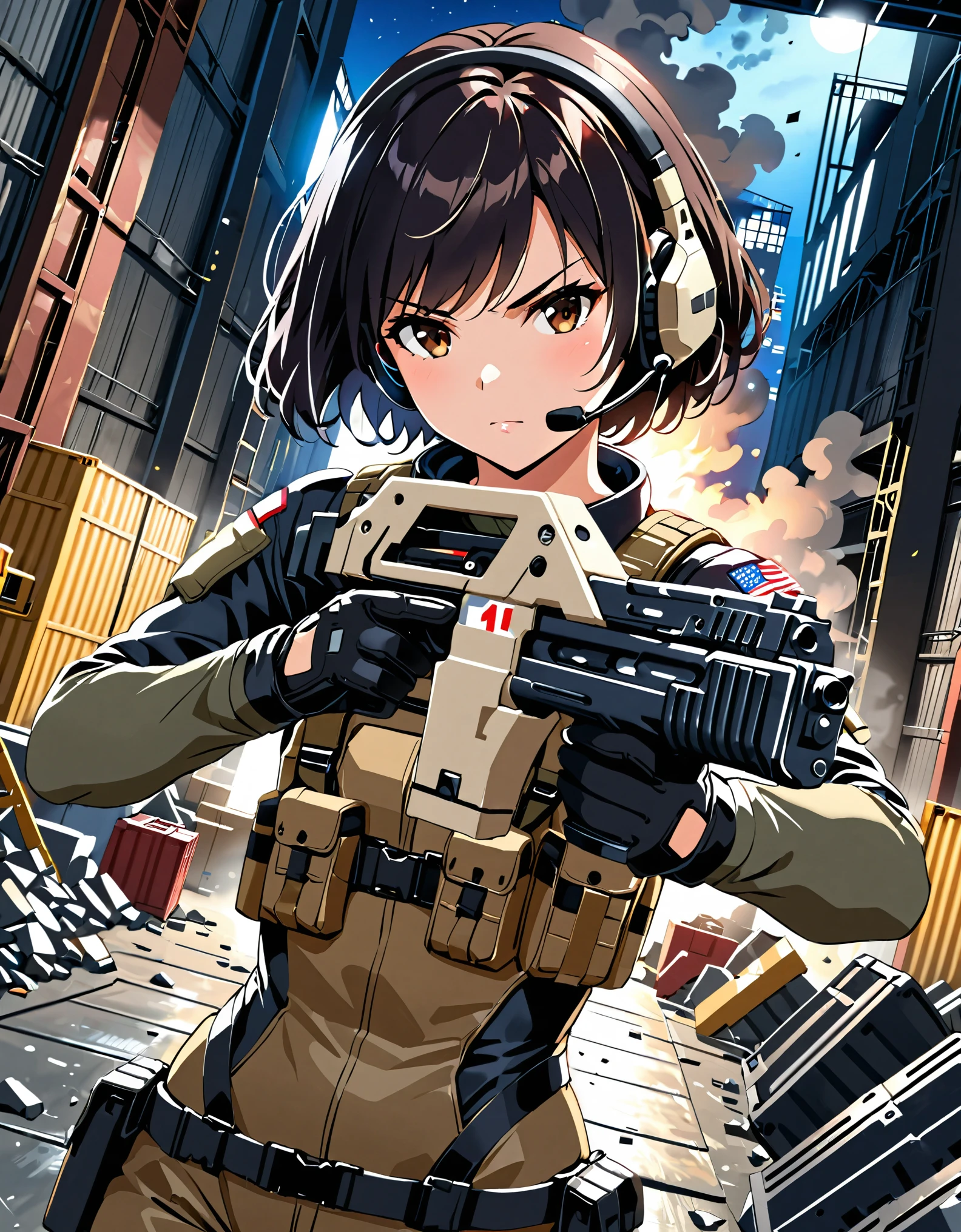 1girl, solo, short hair, black hair, brown eyes, skintight, astronaut, black leatord, tactical gear, gloves, headset, sweat, serious expression, holding gun, m41apls, aiming, trigger discipline, dutch angle, indoors, warehouse, dark, night, debris, backlighting, new york backdrop, smoke, best quality, masterpiece, alien creature behind her.