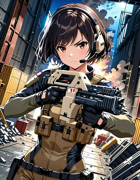 1girl, solo, short hair, black hair, brown eyes, skintight, astronaut, black leatord, tactical gear, gloves, headset, sweat, ser...