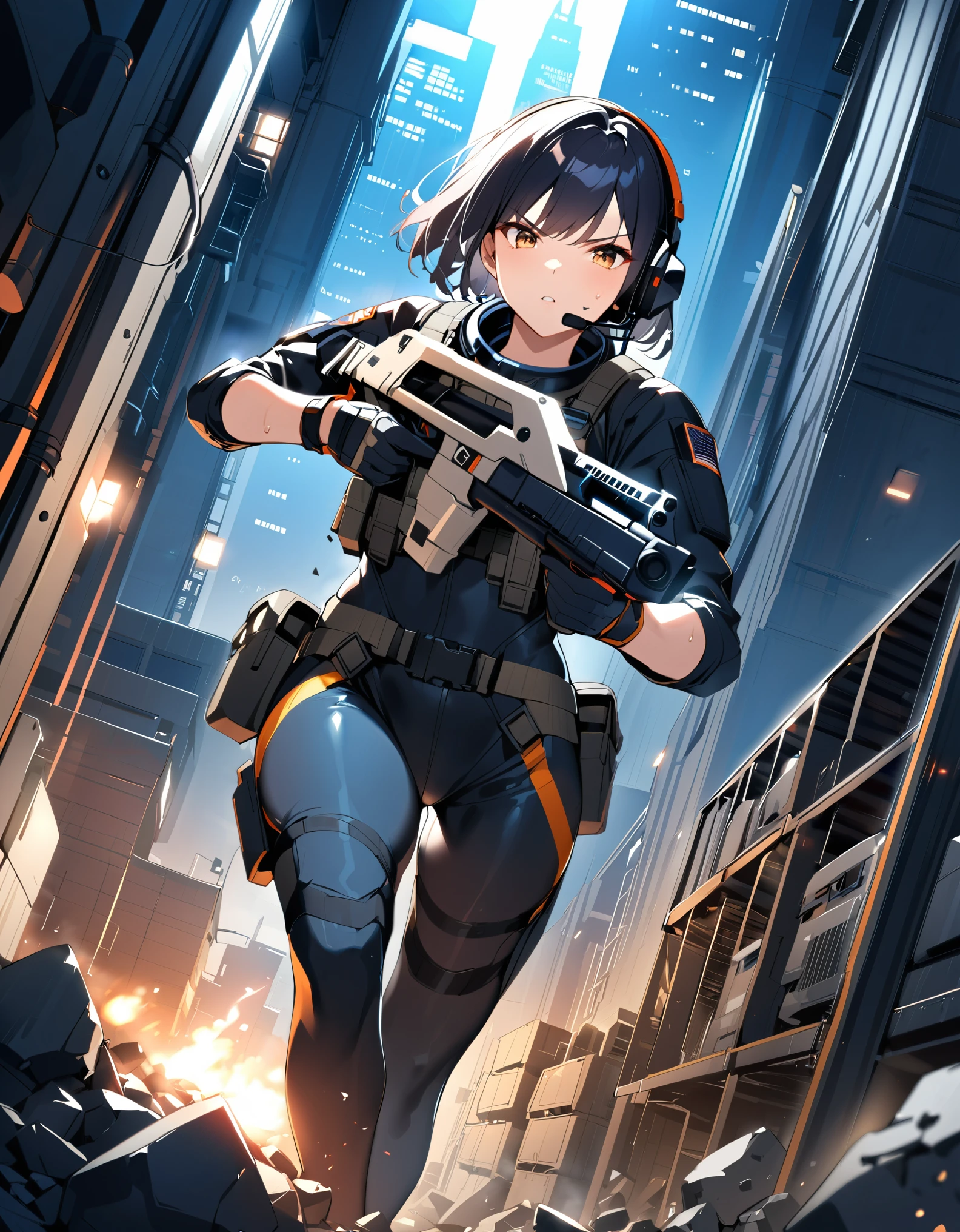 1girl, solo, short hair, black hair, brown eyes, skintight, astronaut, black leatord, tactical gear, gloves, headset, sweat, serious expression, holding gun, m41apls, aiming, trigger discipline, dutch angle, indoors, warehouse, dark, night, debris, backlighting, new york backdrop, smoke, best quality, masterpiece, alien creature behind her.