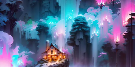 dessinez un poster d'un village, dans le style lofi, décoration féérique, cascade de lumière, grotte, stalagmites, stalactites, ...