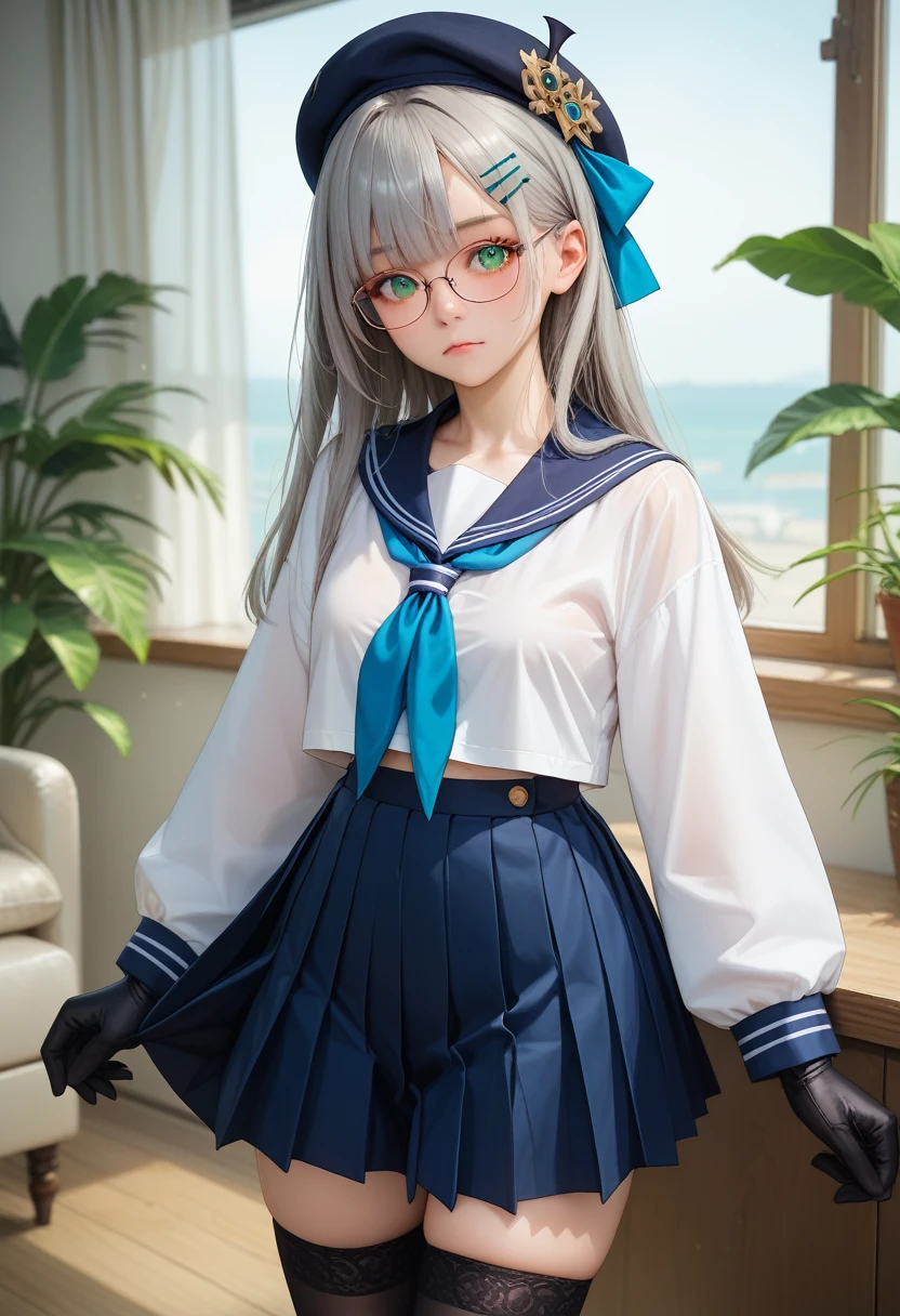 neondef, green eyes, grey hair, bangs, long hair, glasses, hair bow, hairclip, beret, blue sailor collar, blue neckerchief, white shirt, swimsuit under clothes, pleated skirt, gloves, thighhighs,9,score_8_up,score_7_up,masterpiece,best quality,perfect anatomy,very aesthetic,official art,8k,shiny_skin,fair_skin,white_skin, Идет по Улице с Улыбкой
